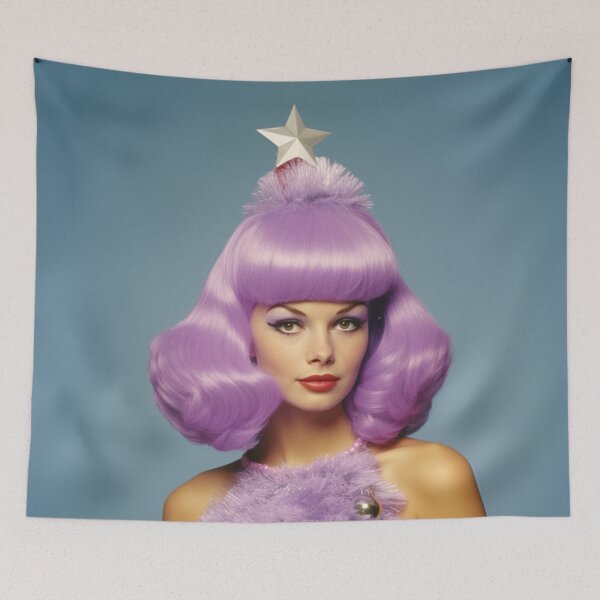 Item preview, Kitsch Christmas 1960s 60s retro purple christmas tree woman greeting card designed and sold by MiettaPreston.