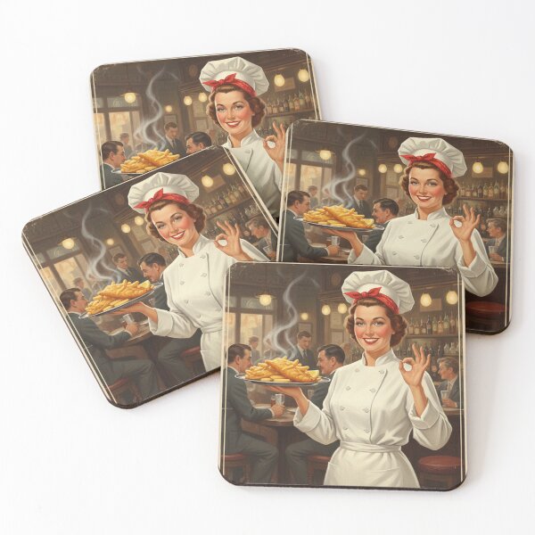 Item preview, "BEST FISH & CHIPS IN TOWN!" – Vintage 1950s Pub Lady Chef Poster designed and sold by Cozy-Old-Pub.