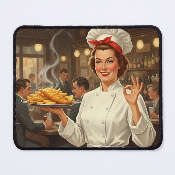 Item preview, "BEST FISH & CHIPS IN TOWN!" – Vintage 1950s Pub Lady Chef Poster designed and sold by Cozy-Old-Pub.