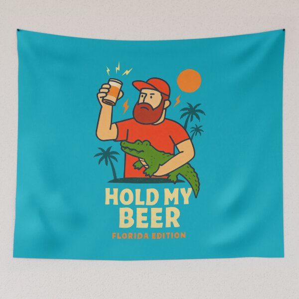 Item preview, Bearded Man Holding Beer with Alligator in Red and Blue Scene designed and sold by SplashTastic.