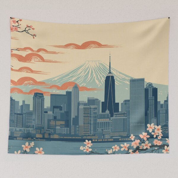 Item preview, New York City Skyline and Mount Fuji – Japanese Ukiyo-e Woodblock Cityscape designed and sold by Vandy Fullam.