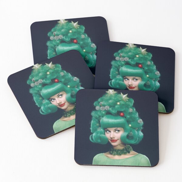 Item preview, Kitsch Christmas 1960s 60s retro green christmas tree woman greeting card designed and sold by MiettaPreston.