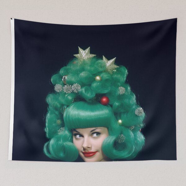 Item preview, Kitsch Christmas 1960s 60s retro green christmas tree woman greeting card designed and sold by MiettaPreston.