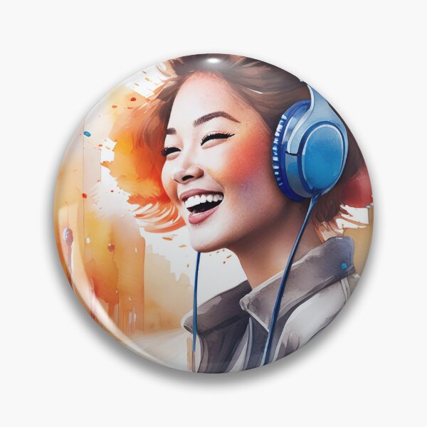 Item preview, A joyful woman listens to music on headphones while holding a smartphone, set against a vibrant cityscape with splashes of color designed and sold by homydesign.