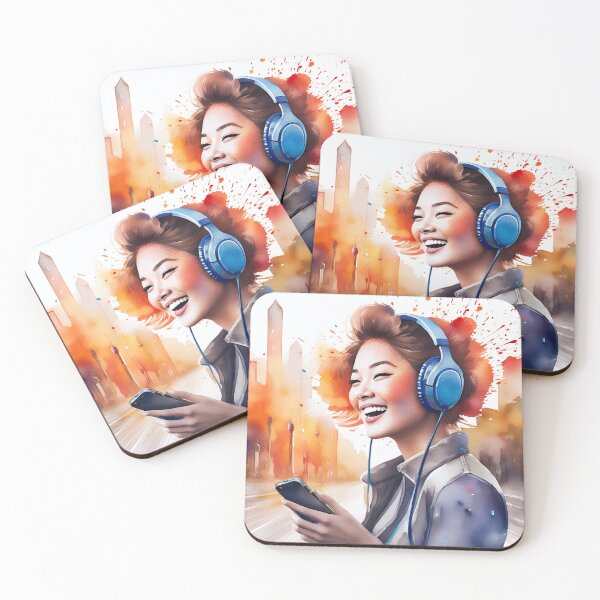 Item preview, A joyful woman listens to music on headphones while holding a smartphone, set against a vibrant cityscape with splashes of color designed and sold by homydesign.