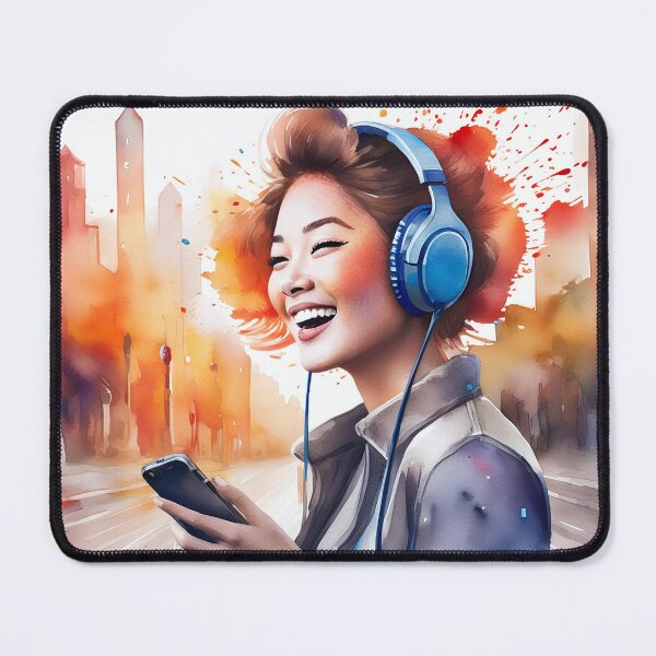 Item preview, A joyful woman listens to music on headphones while holding a smartphone, set against a vibrant cityscape with splashes of color designed and sold by homydesign.