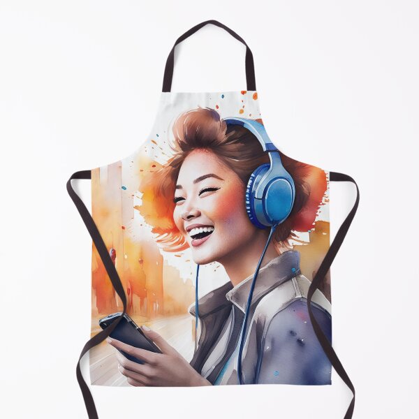 Item preview, A joyful woman listens to music on headphones while holding a smartphone, set against a vibrant cityscape with splashes of color designed and sold by homydesign.