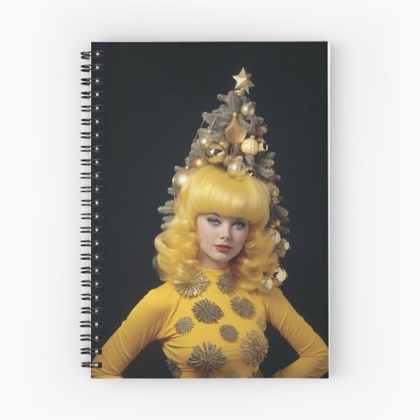 Item preview, Kitsch Christmas 1960s 60s retro yellow christmas tree woman greeting card designed and sold by MiettaPreston.