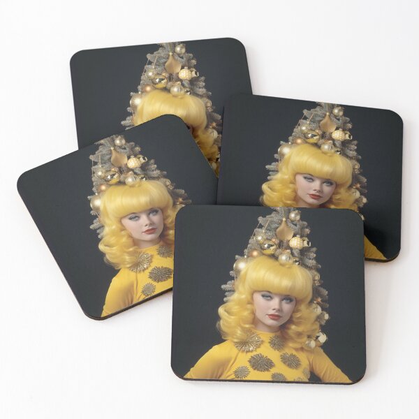 Item preview, Kitsch Christmas 1960s 60s retro yellow christmas tree woman greeting card designed and sold by MiettaPreston.