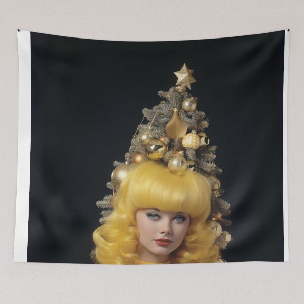 Item preview, Kitsch Christmas 1960s 60s retro yellow christmas tree woman greeting card designed and sold by MiettaPreston.