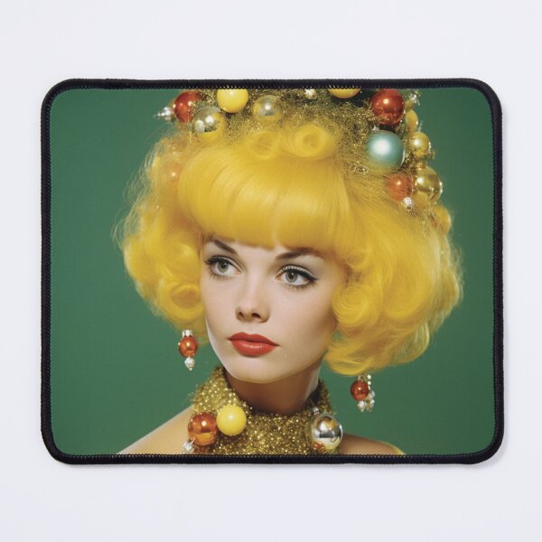 Item preview, Kitsch Christmas 1960s 60s retro yellowchristmas tree woman greeting card designed and sold by MiettaPreston.