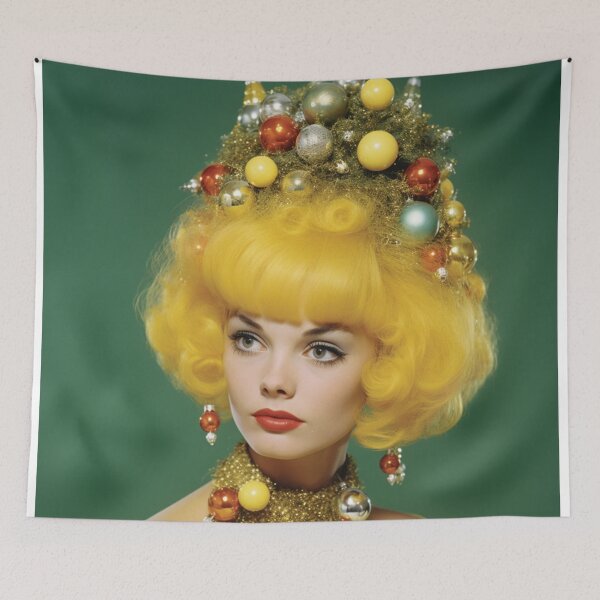 Item preview, Kitsch Christmas 1960s 60s retro yellowchristmas tree woman greeting card designed and sold by MiettaPreston.