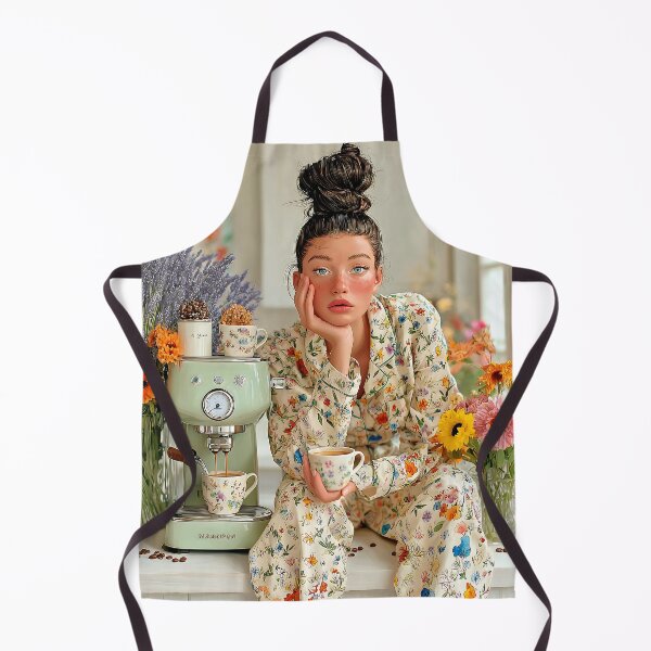 Item preview, Morning Coffee Dream — Cozy Girl with Flowers & Vintage Espresso Machine designed and sold by olenadykun.ai.