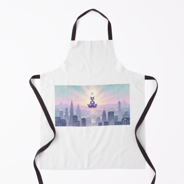 Item preview, Mindful meditation above a vibrant city skyline at dusk with a silhouette cat figure emanating light designed and sold by SpaceartLilu.