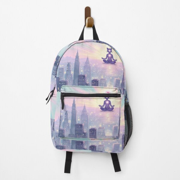 Item preview, Mindful meditation above a vibrant city skyline at dusk with a silhouette cat figure emanating light designed and sold by SpaceartLilu.