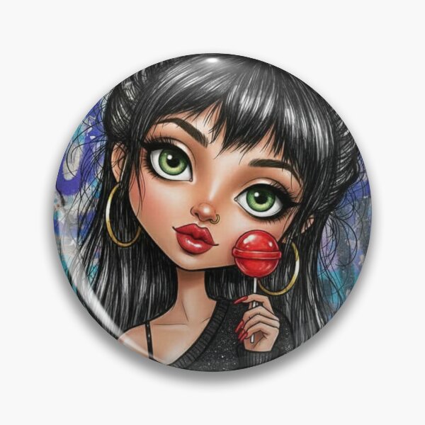 Item preview, Stylized big-eyed girl illustration with green eyes, black hair bun, red lollipop, and urban graffiti background designed and sold by Pixel Pout.