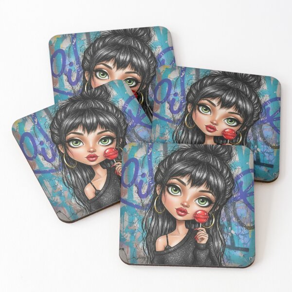 Item preview, Stylized big-eyed girl illustration with green eyes, black hair bun, red lollipop, and urban graffiti background designed and sold by Pixel Pout.