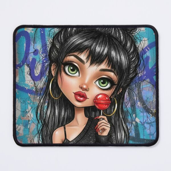Item preview, Stylized big-eyed girl illustration with green eyes, black hair bun, red lollipop, and urban graffiti background designed and sold by Pixel Pout.
