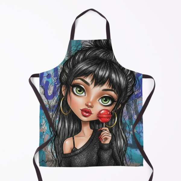 Item preview, Stylized big-eyed girl illustration with green eyes, black hair bun, red lollipop, and urban graffiti background designed and sold by Pixel Pout.