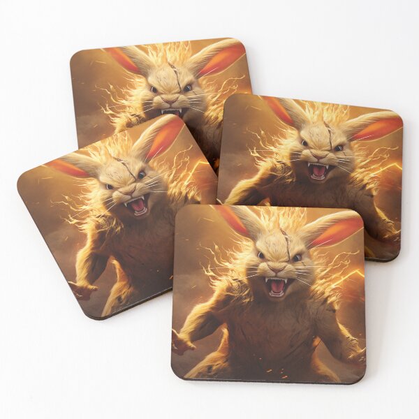 Aperçu de l'œuvre Fou de rage, le Lapin Super Saiyan invoque des éclairs dorés, devenant le prédateur suprême ultime dans un paysage de feu. créée et vendue par Epsydon Designers.