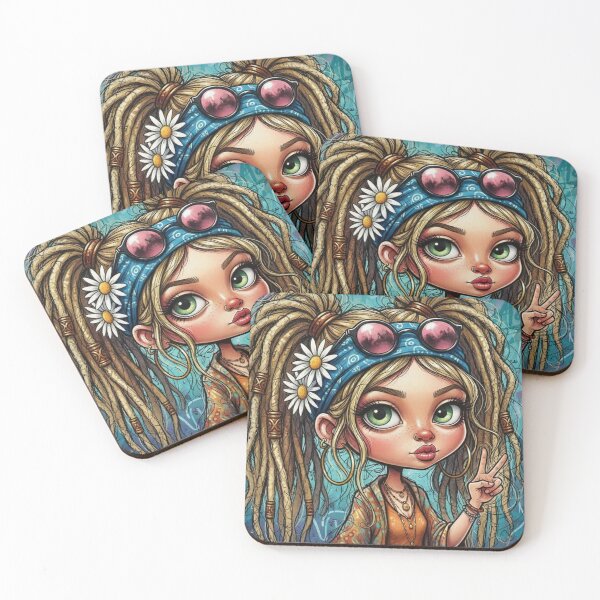 Item preview, Boho big-eyed girl illustration with blonde dreadlocks, peace sign, daisy hair accents, and teal graffiti background designed and sold by Pixel Pout.