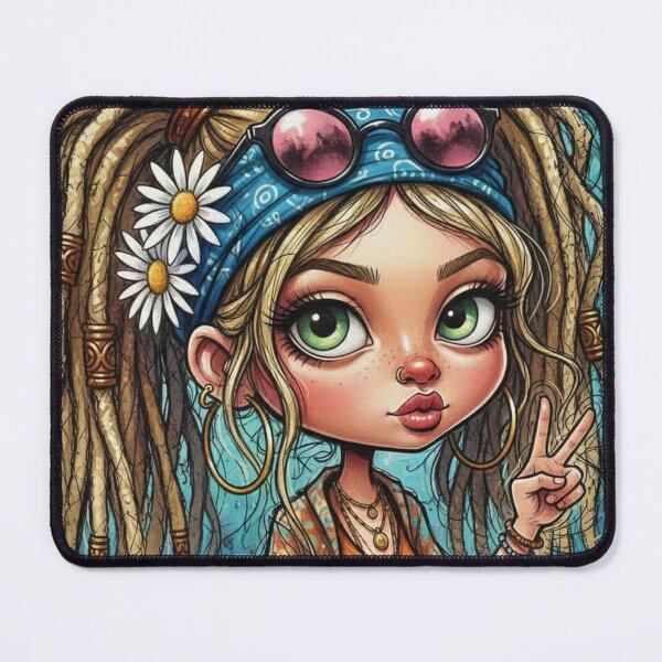 Item preview, Boho big-eyed girl illustration with blonde dreadlocks, peace sign, daisy hair accents, and teal graffiti background designed and sold by Pixel Pout.