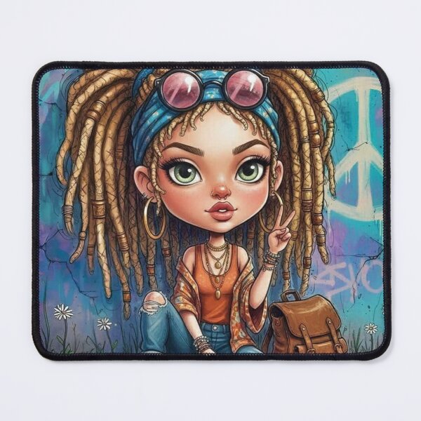 Item preview, Boho hippie girl sitting with blonde dreadlocks, peace sign, orange outfit, and brown backpack against teal graffiti wall designed and sold by Pixel Pout.