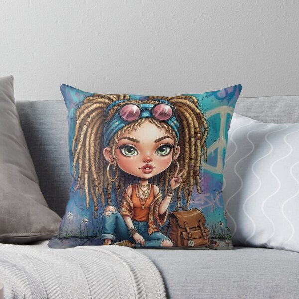 Item preview, Boho hippie girl sitting with blonde dreadlocks, peace sign, orange outfit, and brown backpack against teal graffiti wall designed and sold by Pixel Pout.