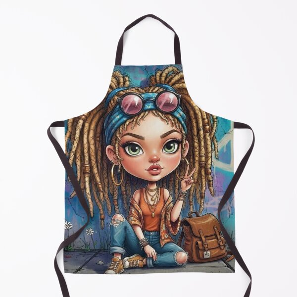 Item preview, Boho hippie girl sitting with blonde dreadlocks, peace sign, orange outfit, and brown backpack against teal graffiti wall designed and sold by Pixel Pout.