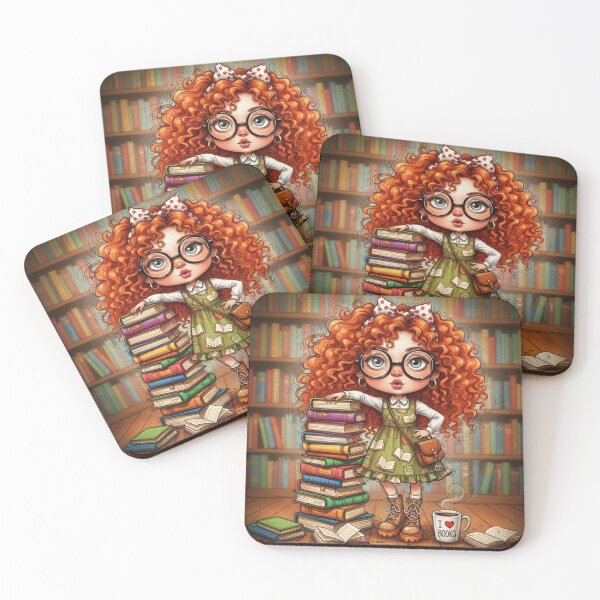 Item preview, Cute bookish girl illustration with curly red hair, glasses, and a towering stack of books in a cozy library designed and sold by Pixel Pout.