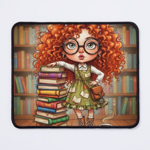 Item preview, Cute bookish girl illustration with curly red hair, glasses, and a towering stack of books in a cozy library designed and sold by Pixel Pout.