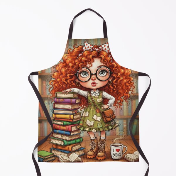 Item preview, Cute bookish girl illustration with curly red hair, glasses, and a towering stack of books in a cozy library designed and sold by Pixel Pout.