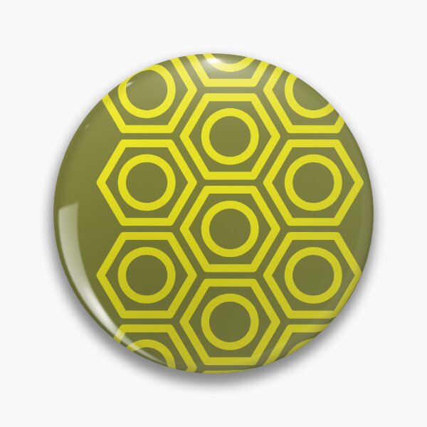 Item preview, Vertical strip of yellow outlined hexagonal shapes with inner circles on a solid olive green background designed and sold by Crispifly.