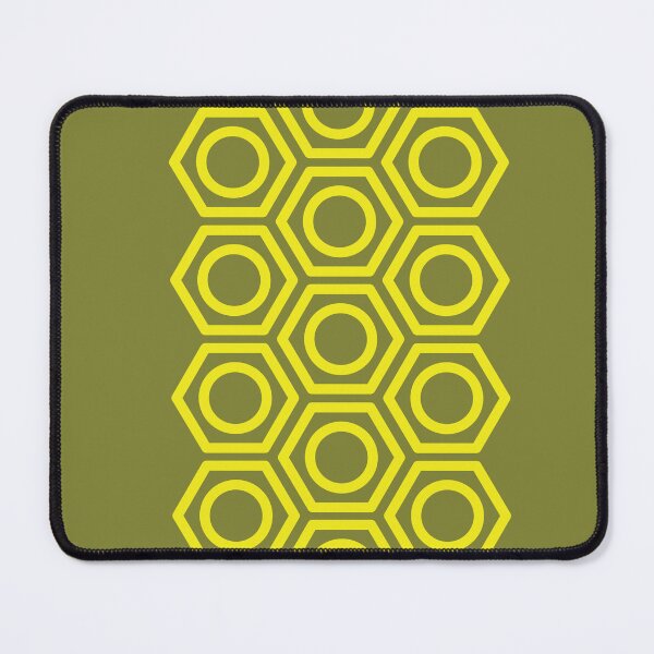 Item preview, Vertical strip of yellow outlined hexagonal shapes with inner circles on a solid olive green background designed and sold by Crispifly.