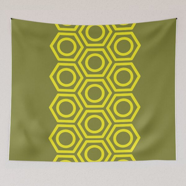 Item preview, Vertical strip of yellow outlined hexagonal shapes with inner circles on a solid olive green background designed and sold by Crispifly.