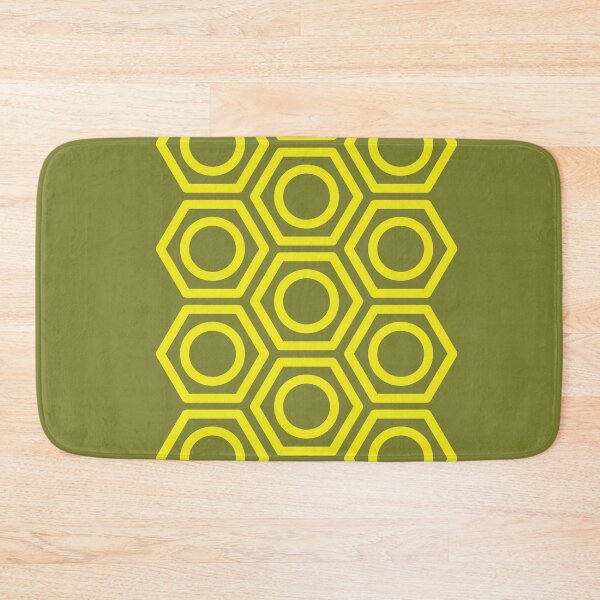Item preview, Vertical strip of yellow outlined hexagonal shapes with inner circles on a solid olive green background designed and sold by Crispifly.