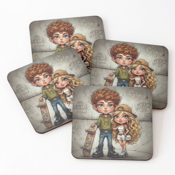 Item preview, Cute skater boy and roller girl illustration in graffiti skatepark – curly hair, hoodie, skateboard, and white roller skates designed and sold by Pixel Pout.