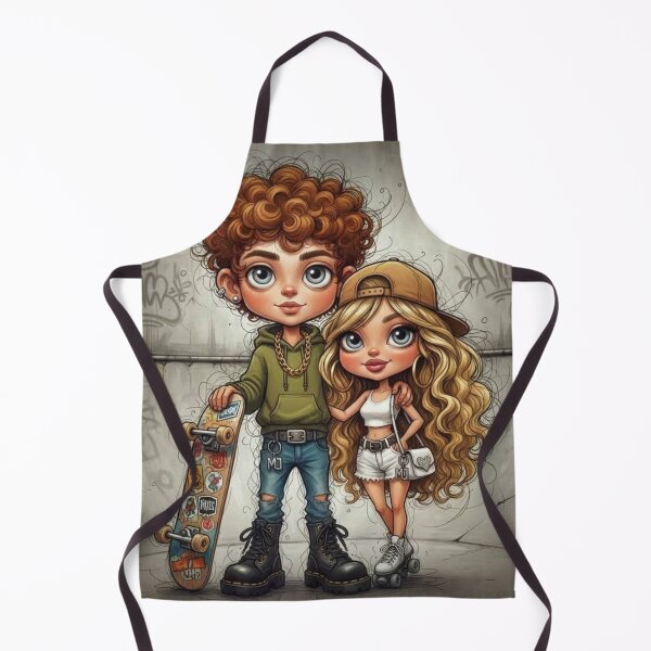 Item preview, Cute skater boy and roller girl illustration in graffiti skatepark – curly hair, hoodie, skateboard, and white roller skates designed and sold by Pixel Pout.