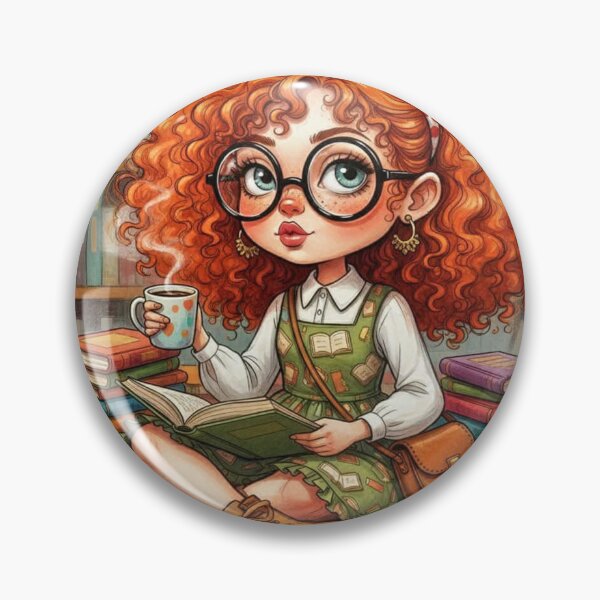 Item preview, Cute bookish redhead illustration with big glasses, polka‑dot bow, and coffee—girl reading in a cozy library designed and sold by Pixel Pout.