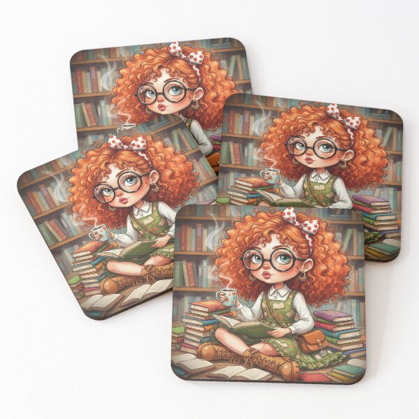 Item preview, Cute bookish redhead illustration with big glasses, polka‑dot bow, and coffee—girl reading in a cozy library designed and sold by Pixel Pout.