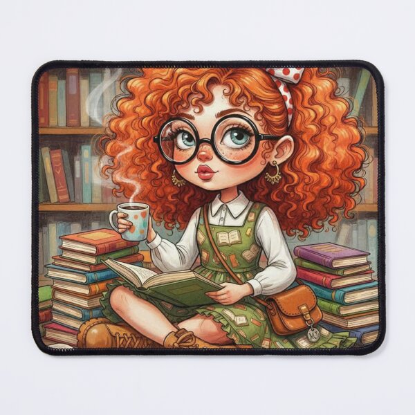 Item preview, Cute bookish redhead illustration with big glasses, polka‑dot bow, and coffee—girl reading in a cozy library designed and sold by Pixel Pout.