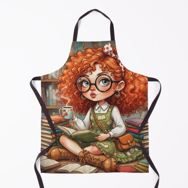 Item preview, Cute bookish redhead illustration with big glasses, polka‑dot bow, and coffee—girl reading in a cozy library designed and sold by Pixel Pout.