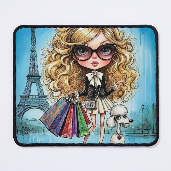 Item preview, Fashionable Paris girl illustration with shopping bags, Eiffel Tower backdrop, and white poodle designed and sold by Pixel Pout.