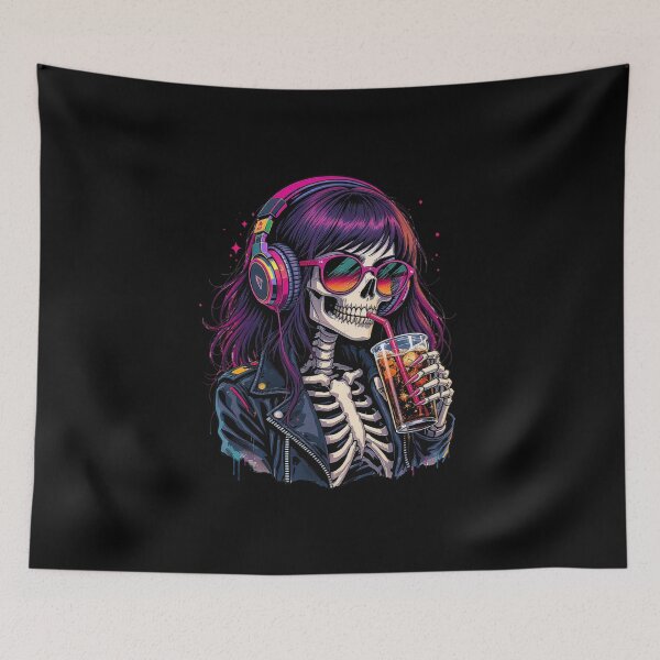 Item preview, Skeleton Girl with Headphones and Soda | Cool Cyberpunk Pop-Art Skeleton Design designed and sold by ColorSplash123.
