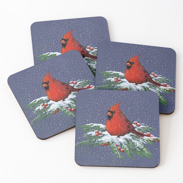 Item preview, Red Cardinal Bird on Snowy Pine Branches, Christmas, Color Pencil Art, Snowflakes designed and sold by JoyfulWhimsy.
