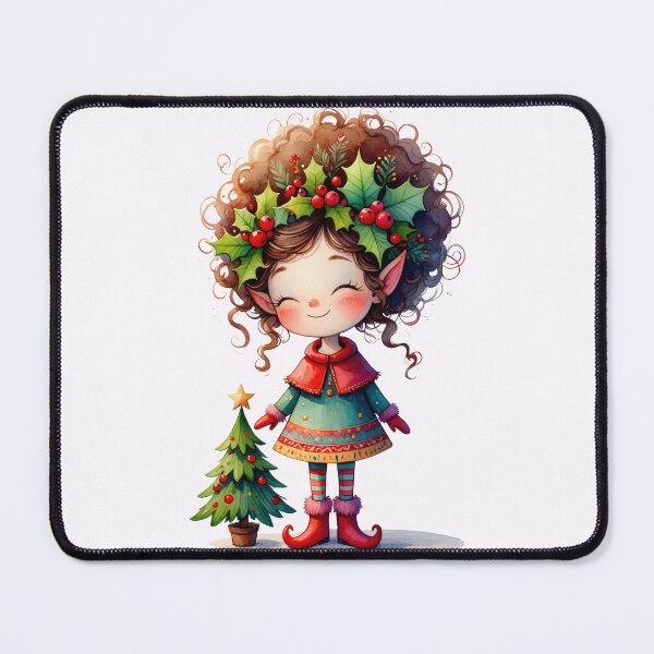 Item preview, Cheerful Christmas elf in cartoon style. Cute little elf in a red coat. Adorable girl with a holly wreath and striped stockings. designed and sold by Connys Colorful World.
