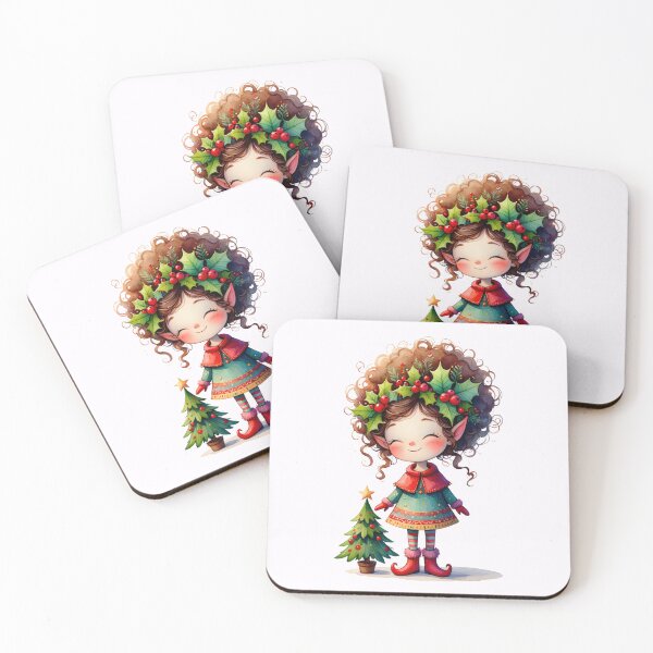 Item preview, Cheerful Christmas elf in cartoon style. Cute little elf in a red coat. Adorable girl with a holly wreath and striped stockings. designed and sold by Connys Colorful World.