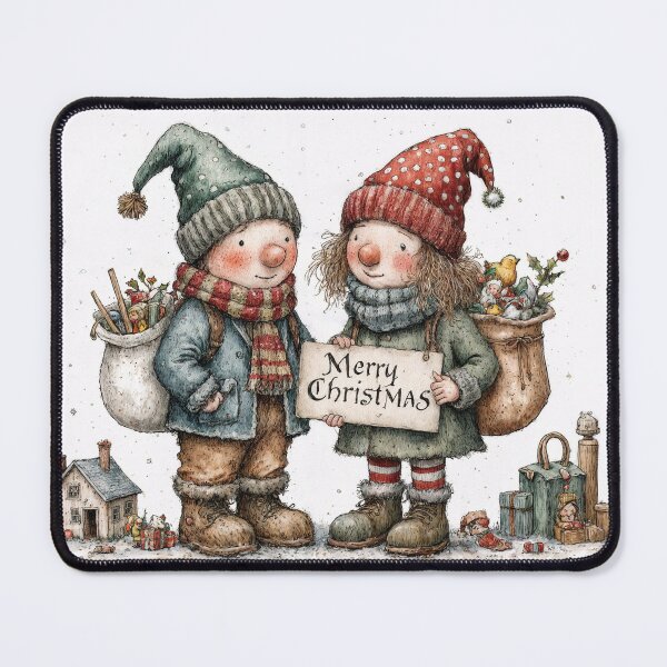 Item preview, Cute elf couple with a Merry Christmas sign - Nostalgic Christmas illustration, children in the snow, vintage Christmas motif designed and sold by Connys Colorful World.