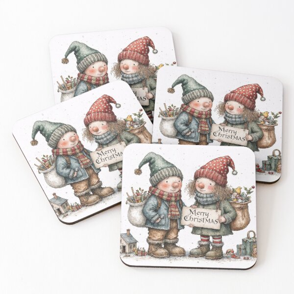Item preview, Cute elf couple with a Merry Christmas sign - Nostalgic Christmas illustration, children in the snow, vintage Christmas motif designed and sold by Connys Colorful World.