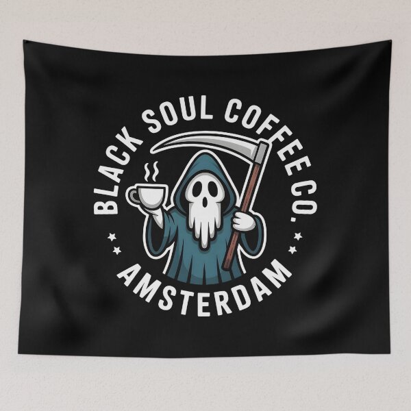 Item preview, Black Soul Coffee Co Amsterdam | Grim Reaper Coffee Design designed and sold by CalmDownZone ⭐️⭐️⭐️⭐️⭐️.